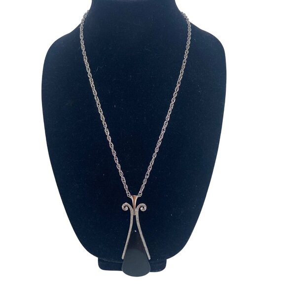 Vintage Avon Black Silver Tone Pendant Necklace Mod Mid Century Modern Statement - Picture 2 of 8